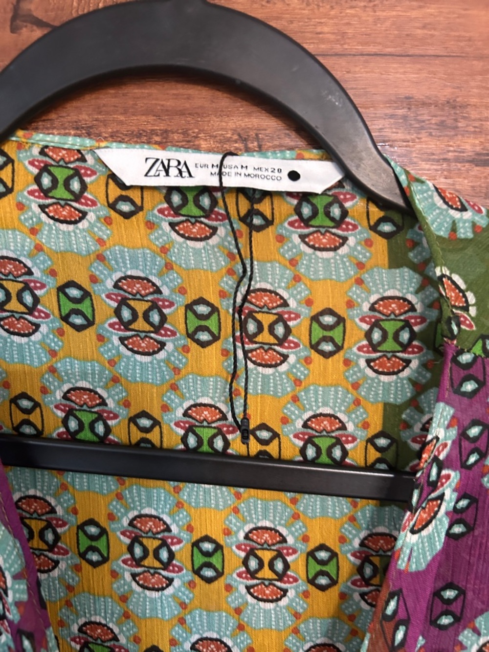 Zara Purple, Green, Brown & Yellow Printed Tie-Neck Blouse - Picture 2 of 10